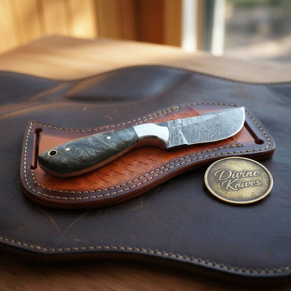 Damascus Charcoal Burl Resin Cowboy Knife with Wood Grain Blade