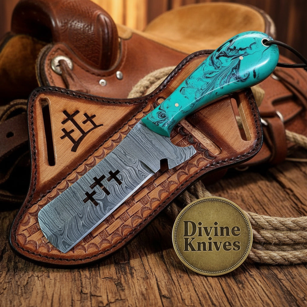 Three Crosses Cutout Tanto Bull Cutter Knife with Turquoise Handle