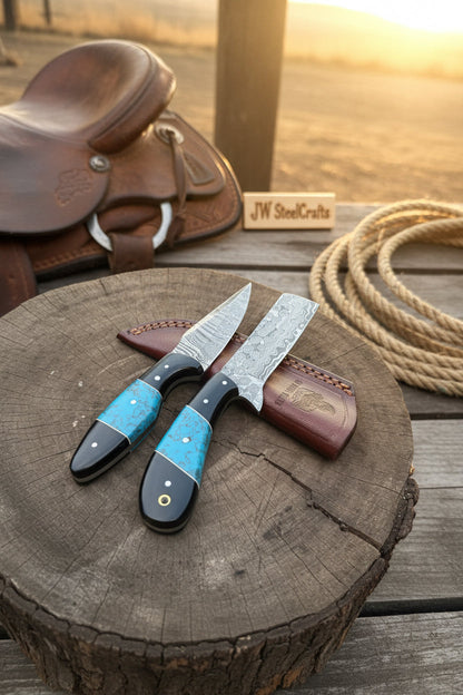 Handmade Damascus Skinner 7”–8” Knife Set Cowboy Ranch Blades Turquoise Handle with Sheath