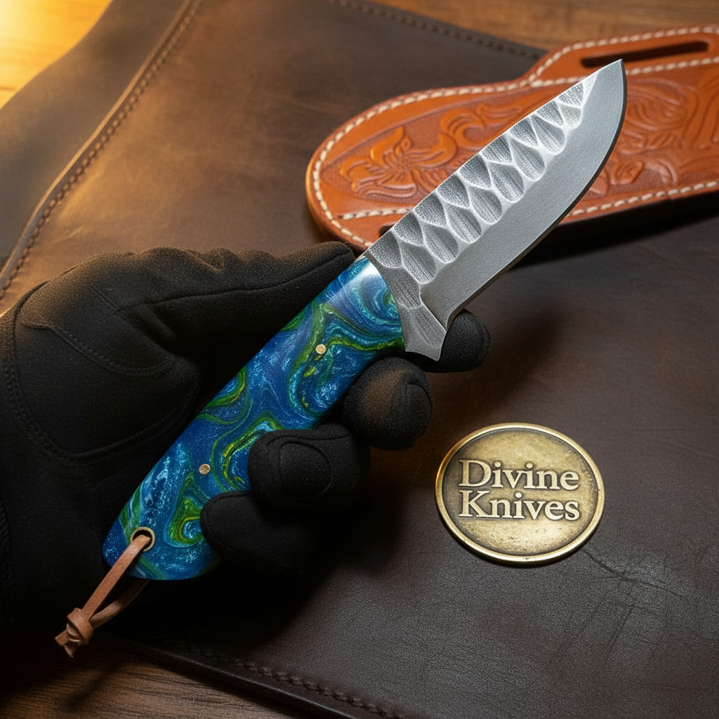Blue-Green Marbled Damascus Skinner Knife With Leather Lanyard