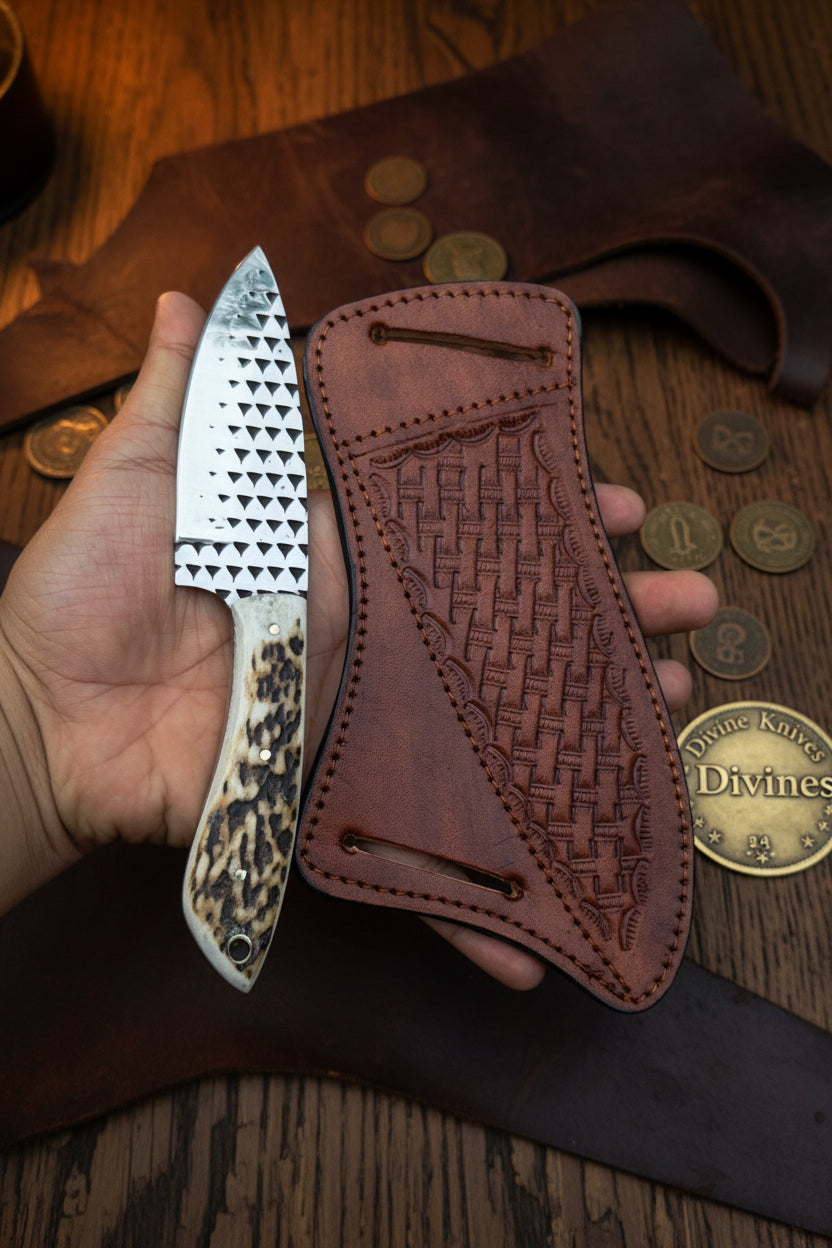 Stag Horn Rasp Skinner Knife with Included Tooled Sheath