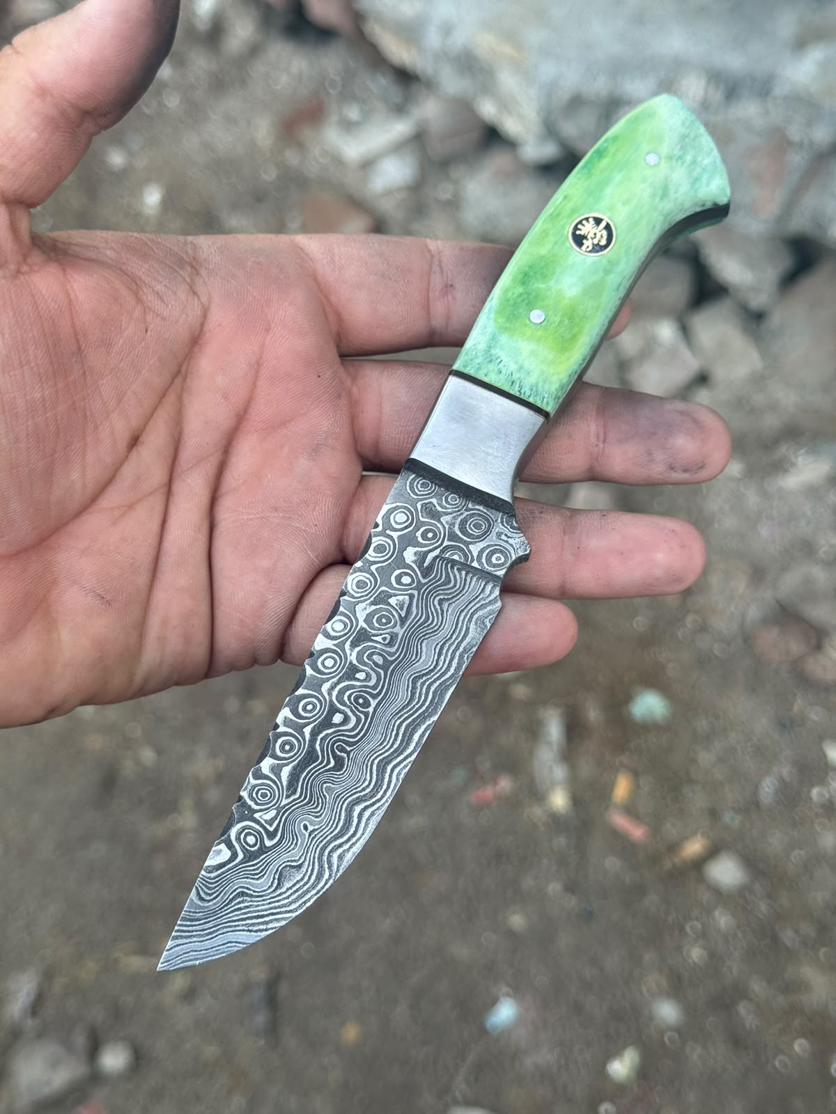 Green Damascus Drop Point Hunter with Mosaic Ricasso Pattern