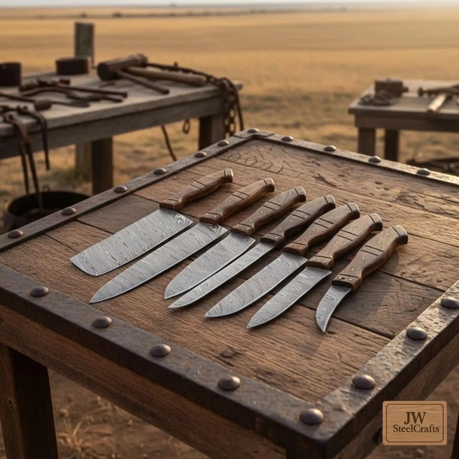 7-Piece Damascus Kitchen Knife Set — Bread, Nakiri, Chef, Santoku, Utility, Boning &amp; Paring with Rosewood Handles &amp; Wood Spacer