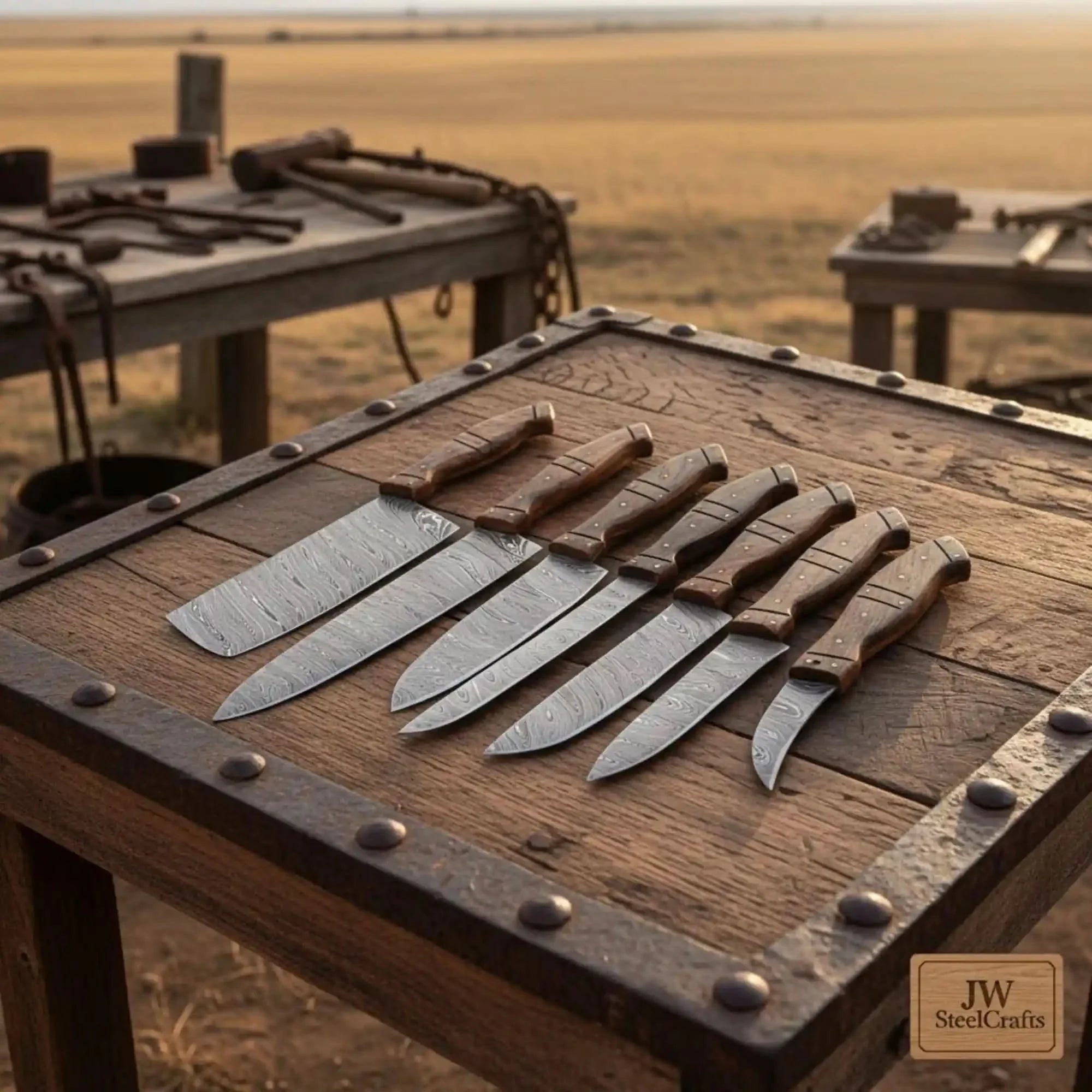 7-Piece Damascus Kitchen Knife Set — Bread, Nakiri, Chef, Santoku, Utility, Boning &amp; Paring with Rosewood Handles &amp; Wood Spacer
