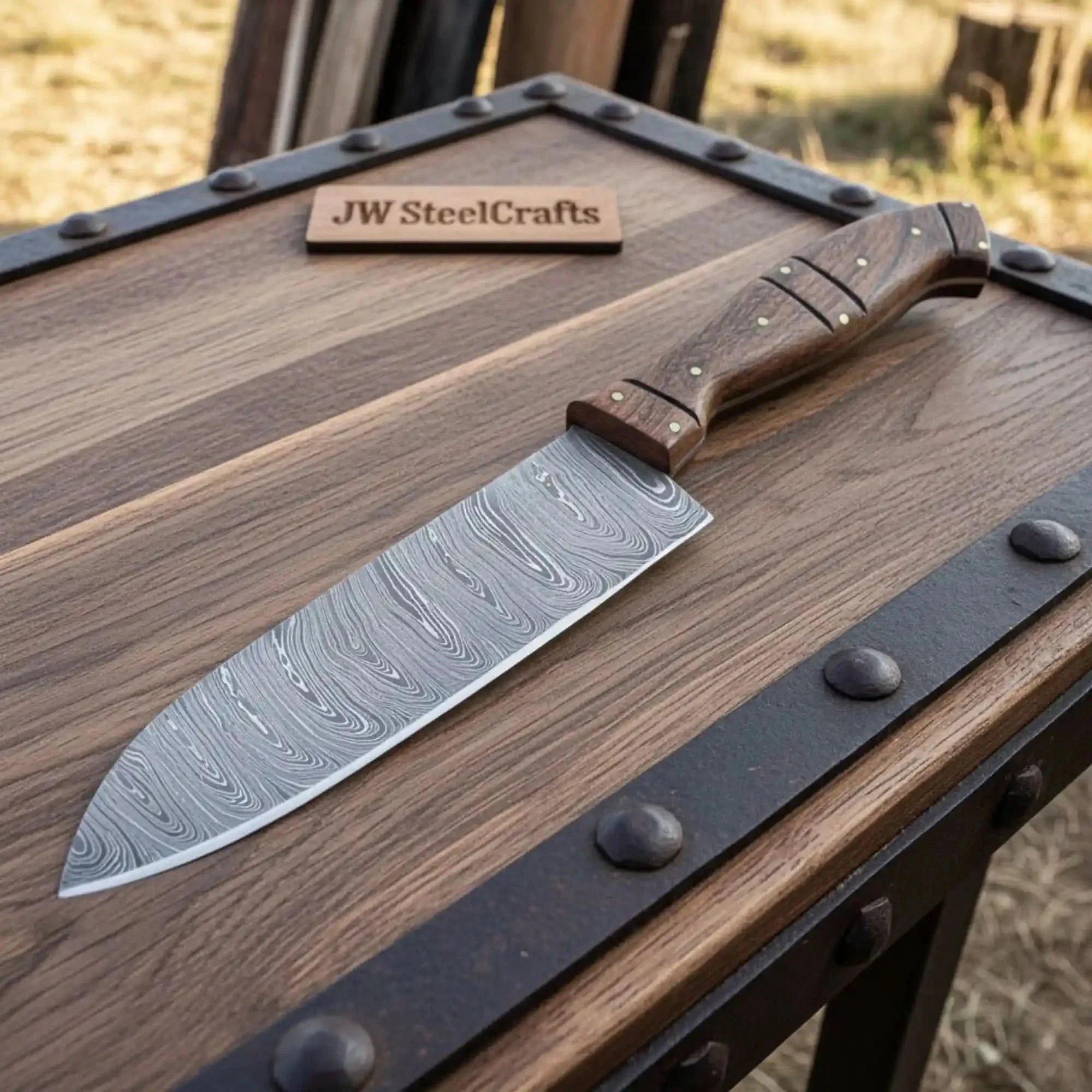 7-Piece Damascus Kitchen Knife Set — Bread, Nakiri, Chef, Santoku, Utility, Boning &amp; Paring with Rosewood Handles &amp; Wood Spacer