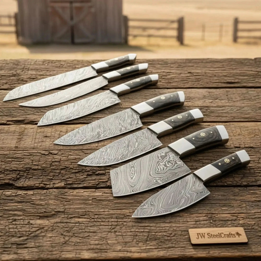 7-Piece Damascus Kitchen Knife Set — Chef, Santoku, Nakiri, Cleaver, Slicing, Utility &amp; Paring