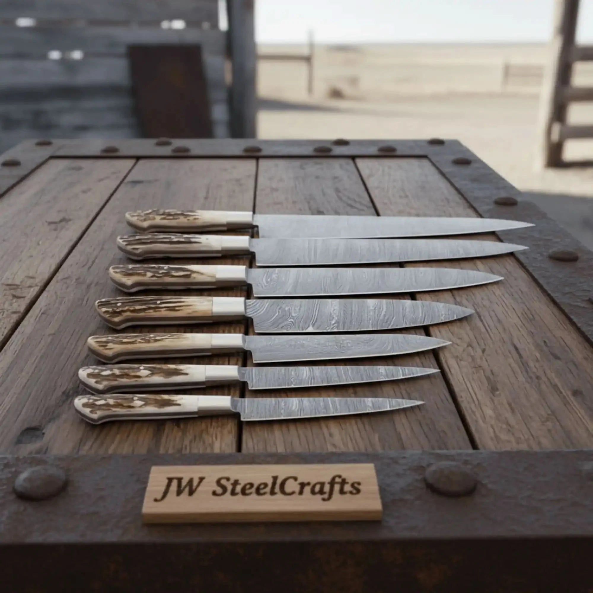 7-Piece Damascus Kitchen Knife Set — Synthetic Stag Horn Handles, Brass Bolsters &amp; Full Tang Forged Blades