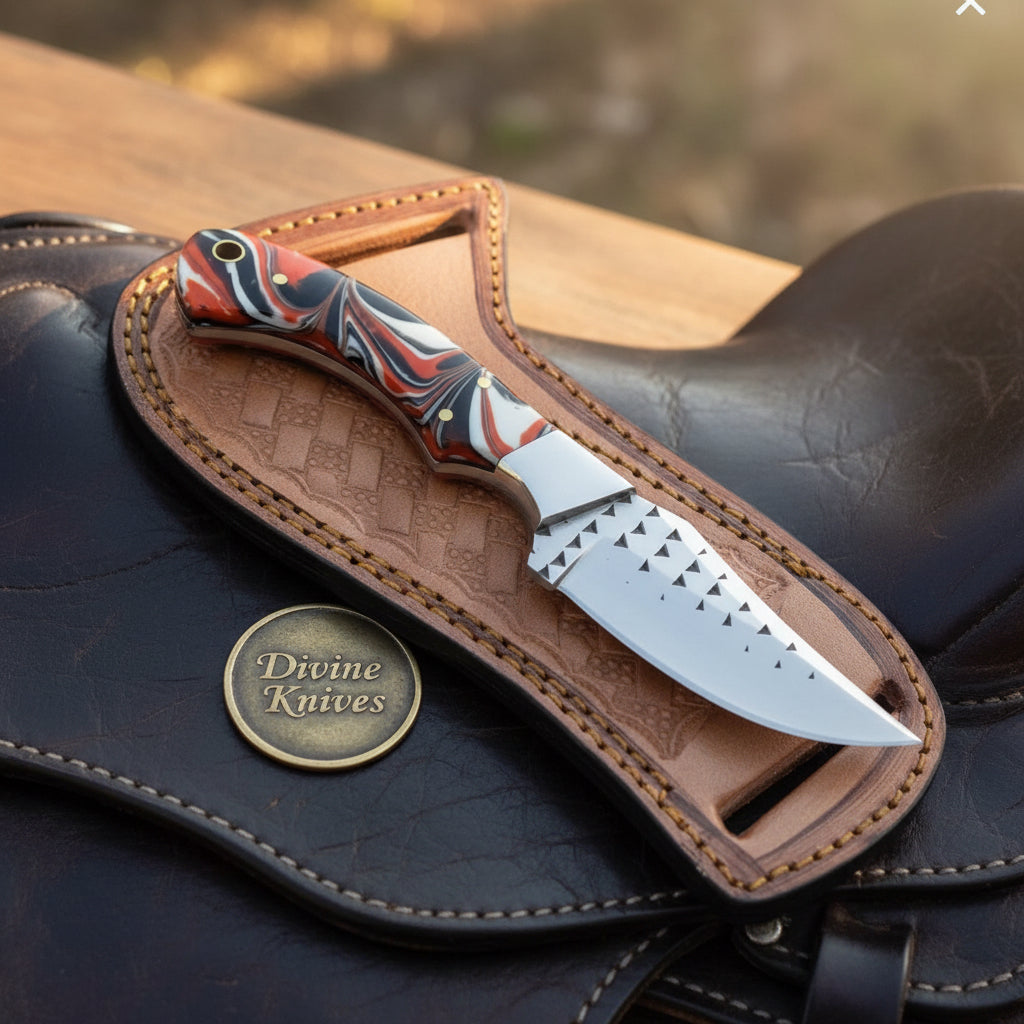 Orange Marble Resin Cowboy Belt Knife with Rasp-Style Blade