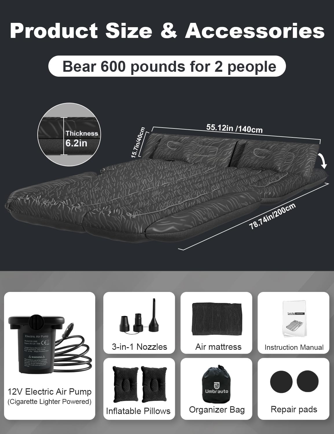 Umbrauto 63in Extended SUV Mattress Quick Inflate, Includes Pump &amp; 2 Pillows,Grey