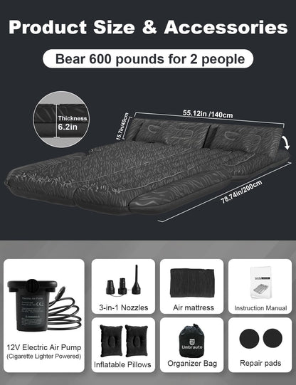 Umbrauto 63in Extended SUV Mattress Quick Inflate, Includes Pump &amp; 2 Pillows,Grey
