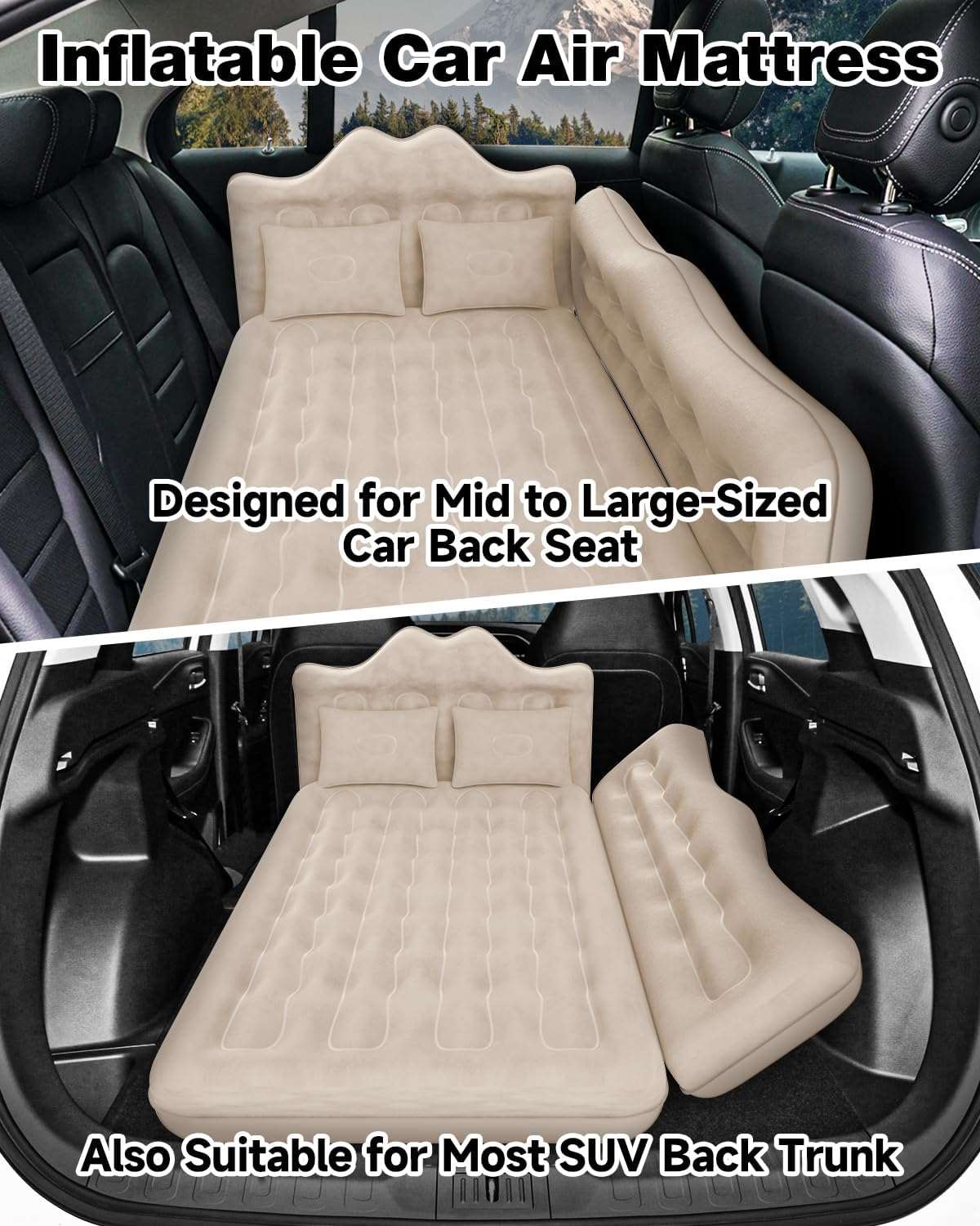 Umbrauto 29.53in/75cm Wide Car Air Mattress Inflatable SUV, Truck &amp; Van Back Seat Camping Bed with Pump &amp; Pillows, Beige