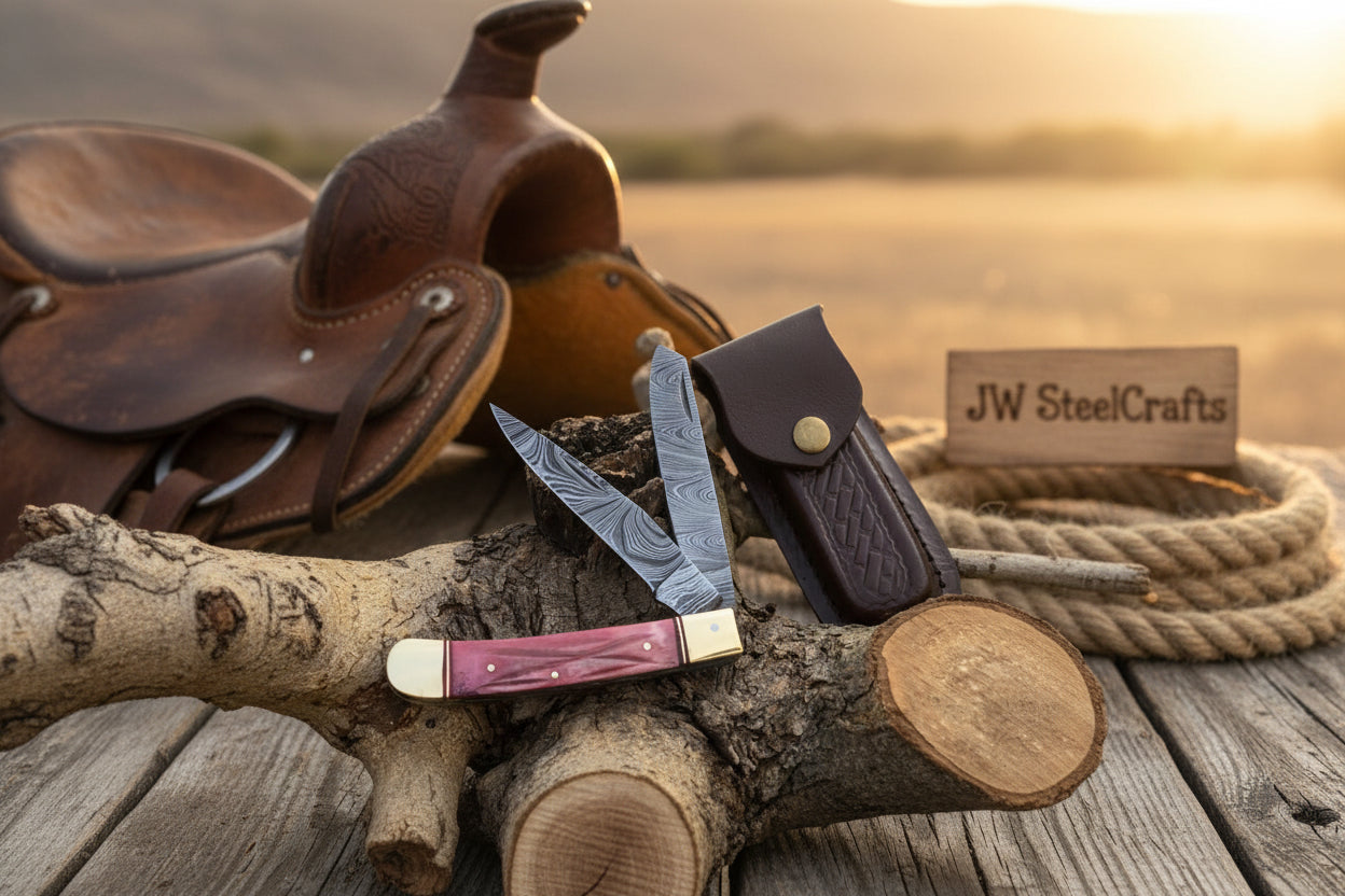 Backwoods Trapper Knife Two Blade Pink Bone Handle Steel Bolster Slip Joint