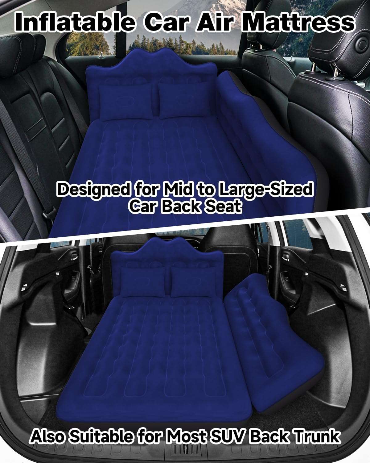 Umbrauto 29.53in/75cm Wide Car Air Mattress Inflatable SUV, Truck &amp; Van Back Seat Camping Bed with Pump &amp; Pillows, Navy