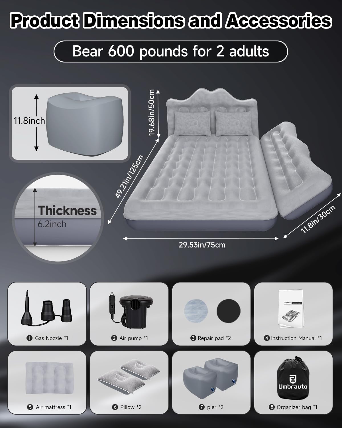 Umbrauto 29.53in/75cm Wide Car Air Mattress Inflatable SUV, Truck &amp; Van Back Seat Camping Bed with Pump &amp; Pillows, Gray