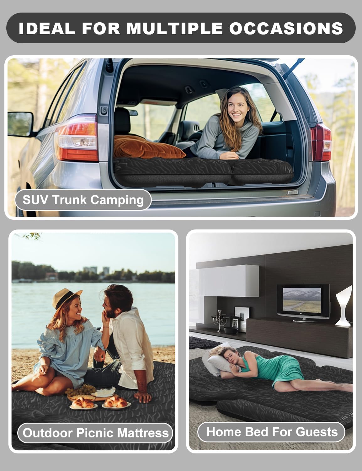 Umbrauto 63in Extended SUV Mattress Quick Inflate, Includes Pump &amp; 2 Pillows,Grey