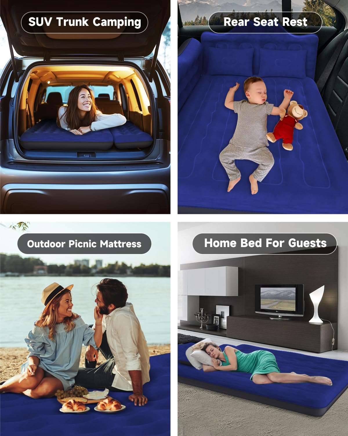 Umbrauto 29.53in/75cm Wide Car Air Mattress Inflatable SUV, Truck &amp; Van Back Seat Camping Bed with Pump &amp; Pillows, Navy