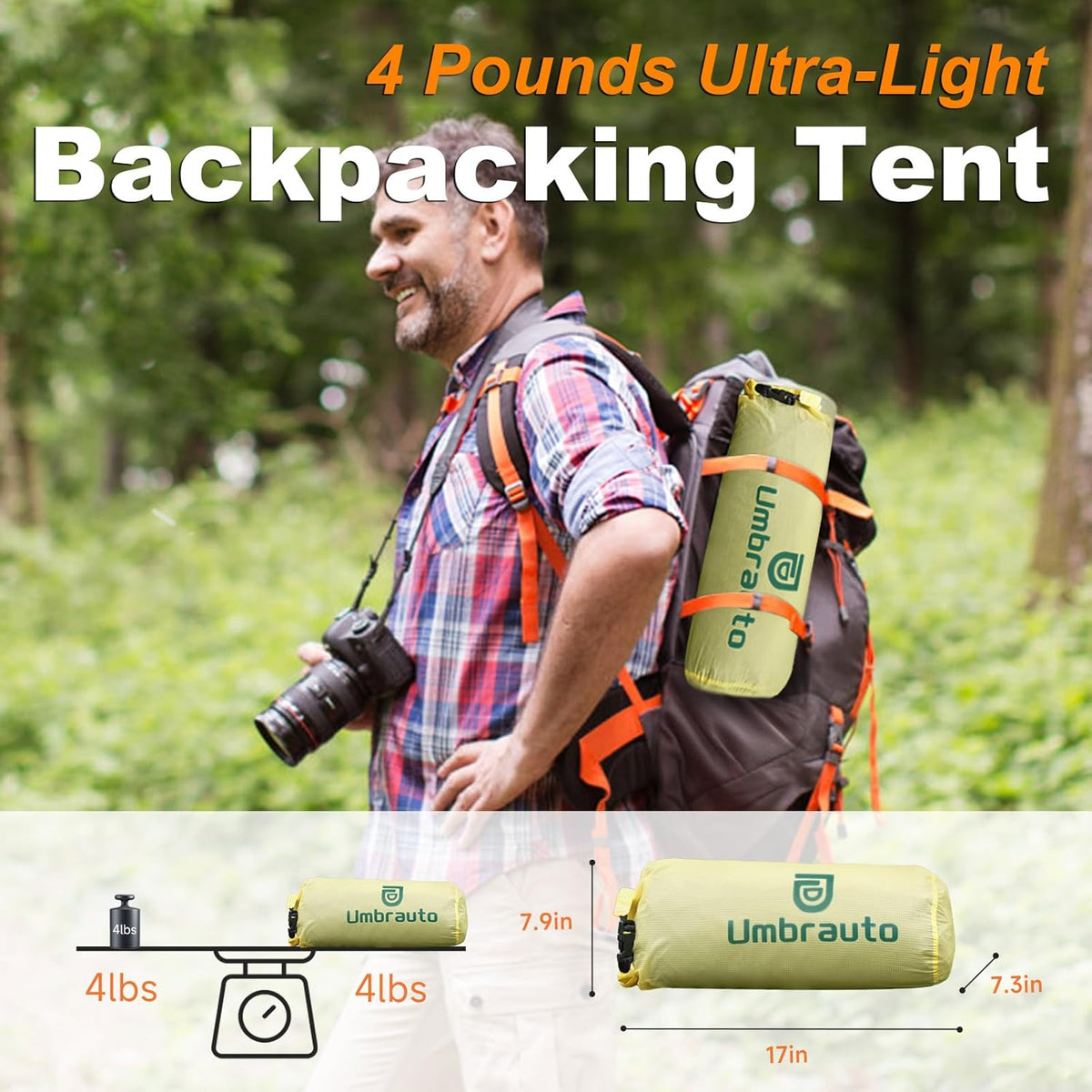 Umbrauto 4 Person Ultralight Camping Tent Waterproof 3-Season Dome Tent for Hiking, Backpacking &amp; Outdoor Adventure