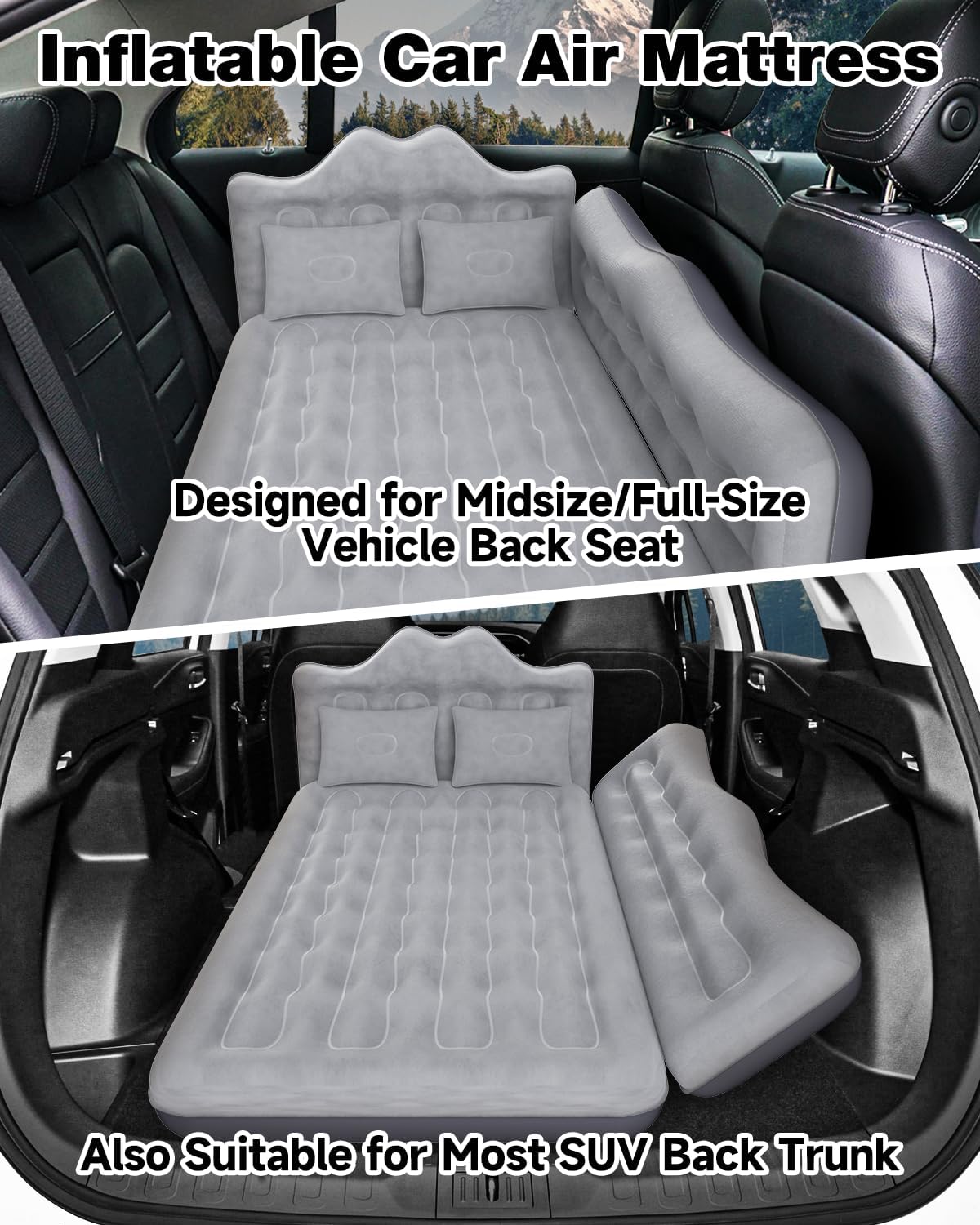 Umbrauto 29.53in/75cm Wide Car Air Mattress Inflatable SUV, Truck &amp; Van Back Seat Camping Bed with Pump &amp; Pillows, Gray