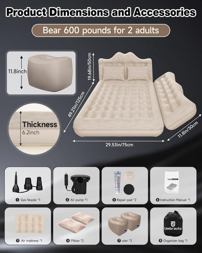 Umbrauto 29.53in/75cm Wide Car Air Mattress Inflatable SUV, Truck &amp; Van Back Seat Camping Bed with Pump &amp; Pillows, Beige