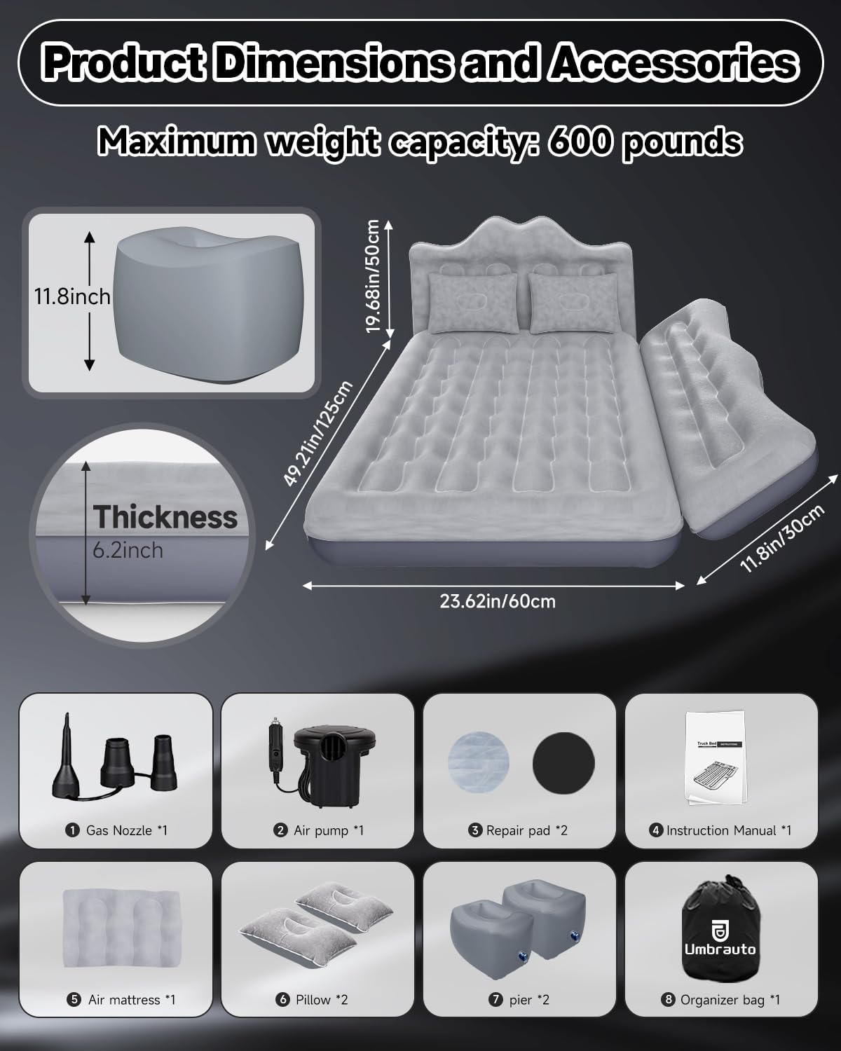 Umbrauto 23.62in/60cm Wide Inflatable Truck Mattress Car &amp; SUV Back Seat Camping Bed with Pump