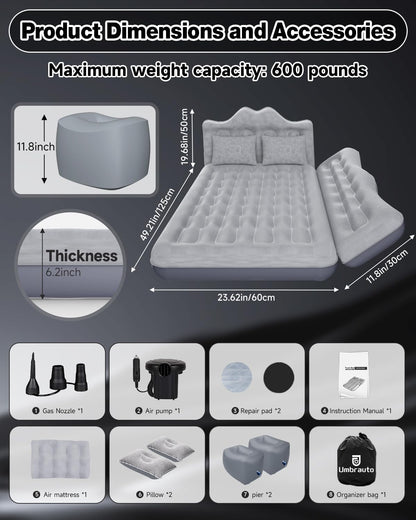 Umbrauto 23.62in/60cm Wide Inflatable Truck Mattress Car &amp; SUV Back Seat Camping Bed with Pump