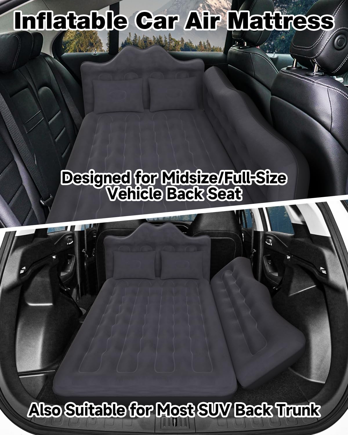Umbrauto 29.53in/75cm Wide Car Air Mattress Inflatable SUV, Truck &amp; Van Back Seat Camping Bed with Pump &amp; Pillows,Black