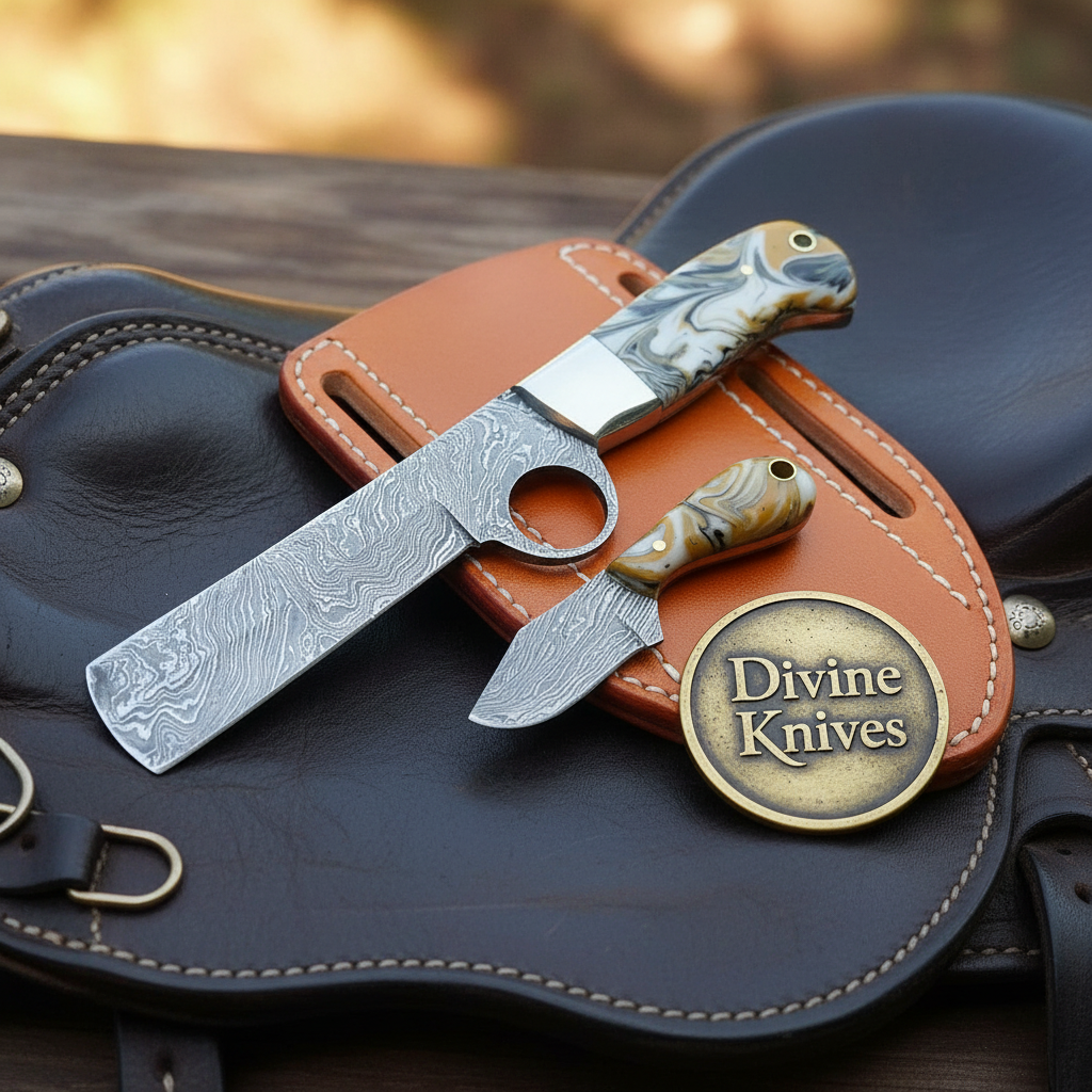 Orange Swirl Resin Bull Cutter &amp; Skinner Set for Field Work