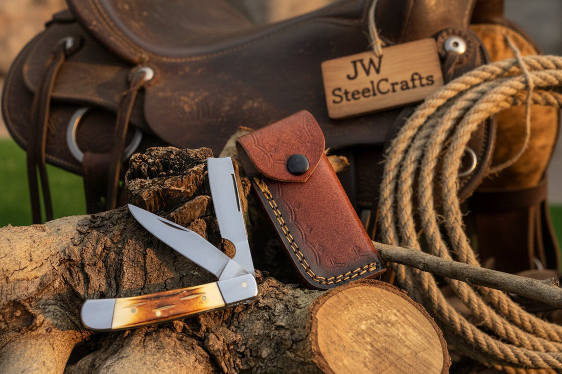Razor Trapper Knife with Burned Bone Handle and Steel Bolsters