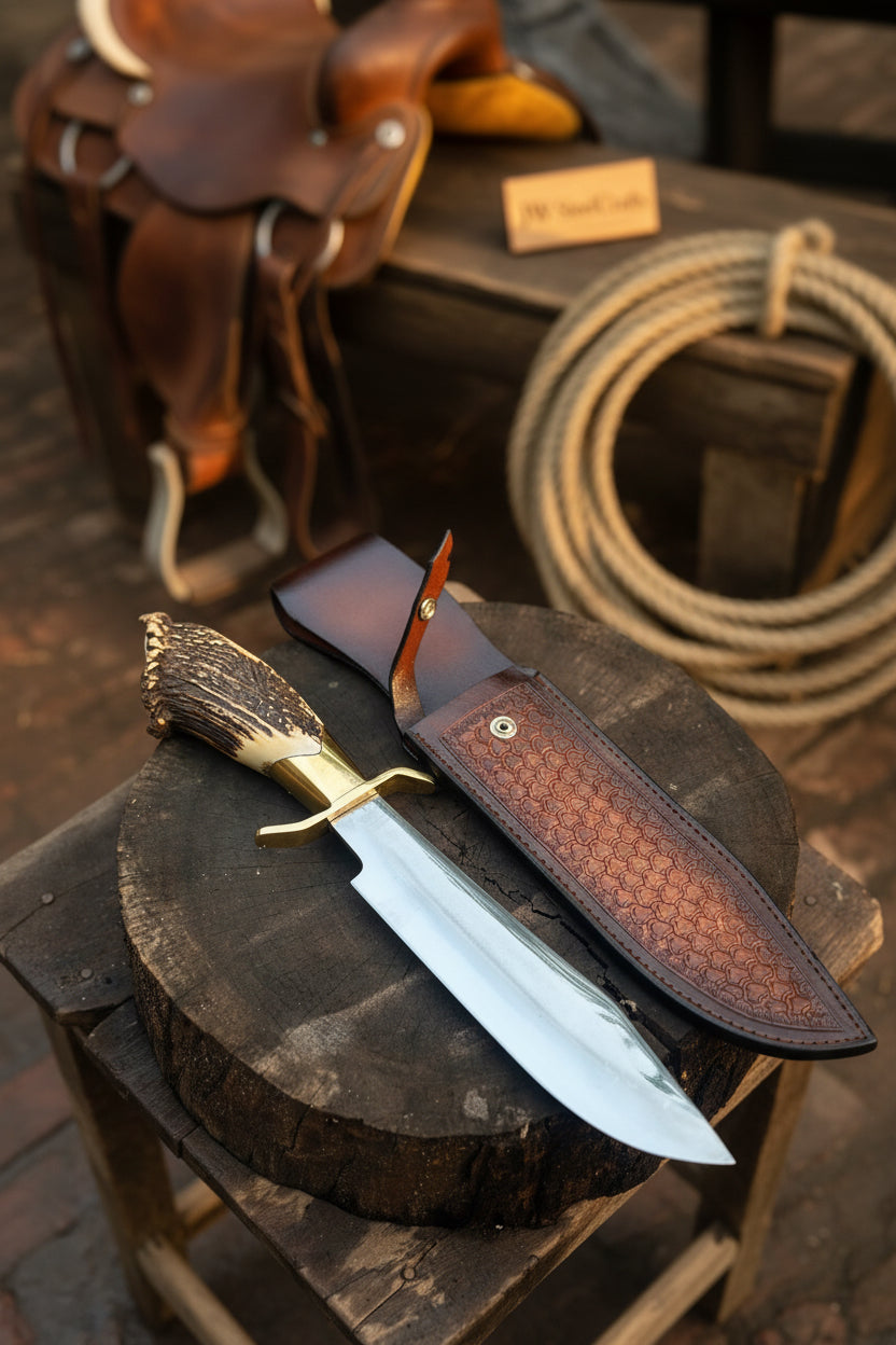 Handmade Carbon Steel Hunting Knife with Stag Horn Handle &amp; Leather Sheath