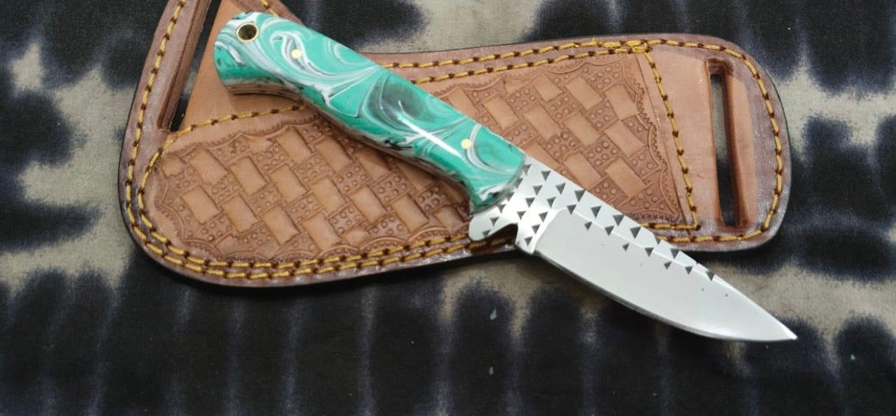 Mint Green Swirl Resin Rasp Cowboy Knife with Rasp-Style Blade