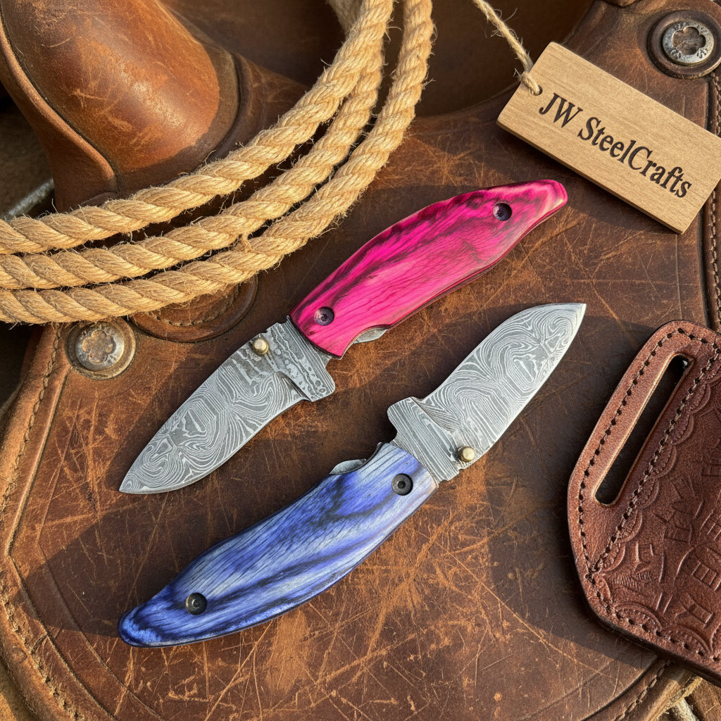 Persian Damascus Folding Knife Set 7” opened Pink &amp; Blue Pakka Wood EDC Blades
