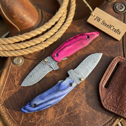 Persian Damascus Folding Knife Set 7” opened Pink &amp; Blue Pakka Wood EDC Blades