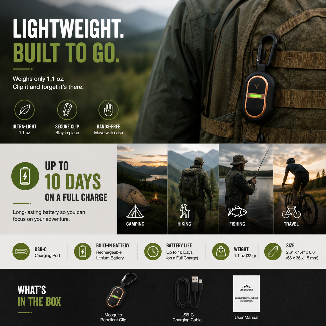 LITEGUEST USB Clip-On Mosquito Repellent – Outdoor Protection