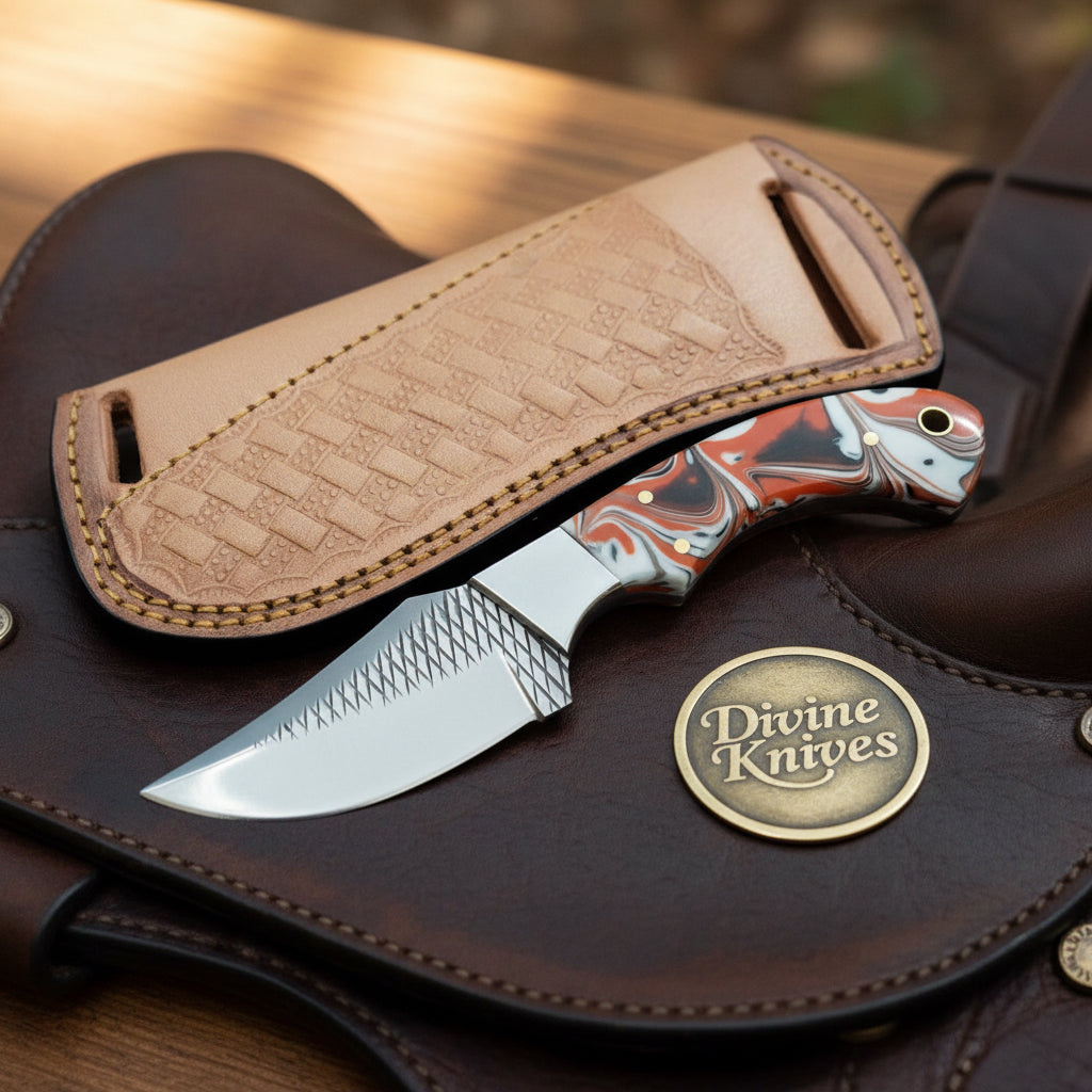 Orange Marble Resin Cowboy Belt Knife with Rasp-Style Blade