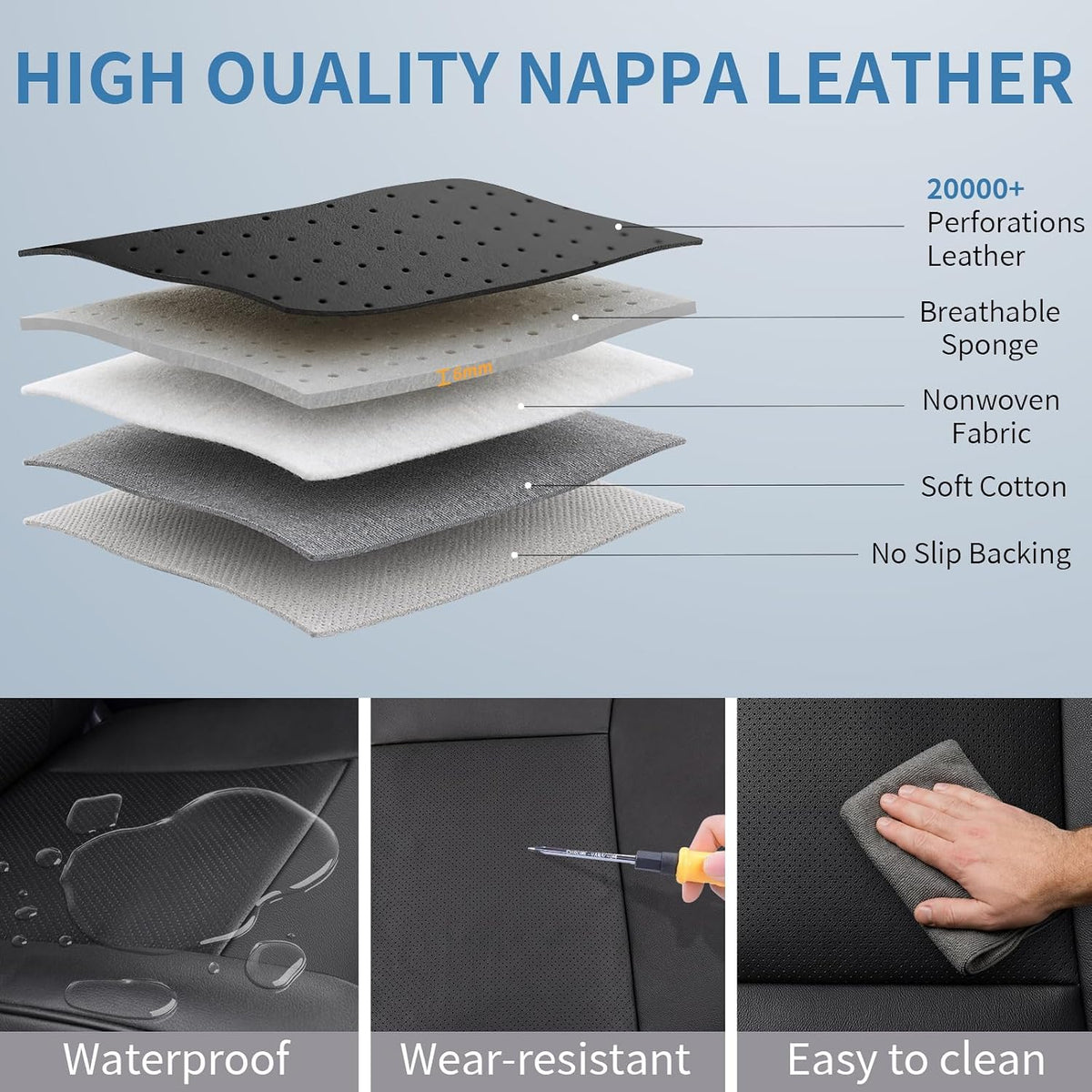 Umbrauto Car Seat Covers for Toyota Tacoma 2005-2015 Double &amp; Crew Cab,Nappa Leather, 3D Laser-Scan Custom Fit, Waterproof, Easy-Clean, Full Coverage, Airbag Compatible, Pet &amp; Scratch Protection