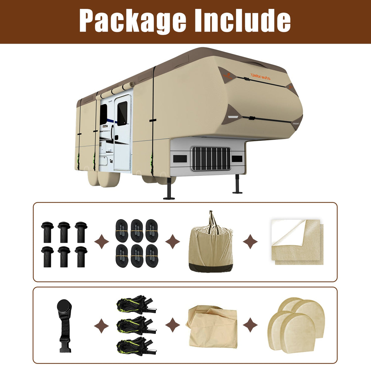 Umbrauto Umbrauto 5th Wheel RV Cover | 7-Layer Waterproof &amp; UV-Proof Camper Trailer Cover with Tire Covers, Tongue Jack Cover &amp; Windproof Ropes