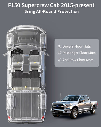 Umbrauto All Weather Floor Mats for Ford F150 SuperCrew 2015-2025 2026 &amp; Lightning 2022-2026, Custom Fit TPE Truck Floor Liners, Waterproof Heavy Duty Full Coverage, Rear w/o Fold Flat Storage