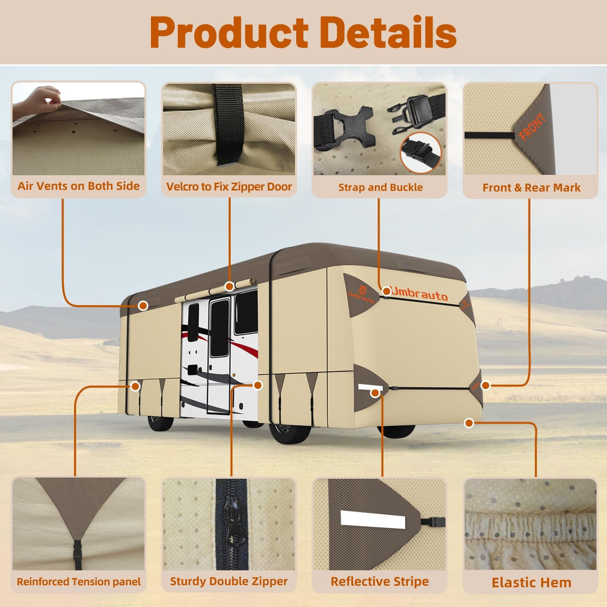 Umbrauto Class A RV Cover Upgraded Heavy Duty 7 Layers Top Windproof Breathable Class A Motorhome Camper Cover,Khaki