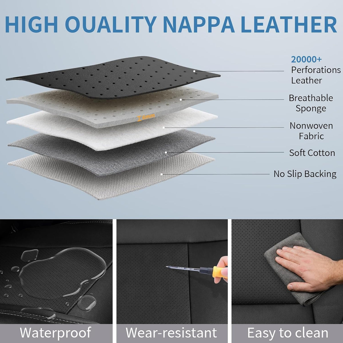 Umbrauto Seat Covers for Toyota Tacoma 2016-2023 Double &amp; Crew Cab,Nappa Leather, 3D Laser-Scan Custom Fit, Waterproof, Easy-Clean, Full Coverage, Airbag Compatible, Pet &amp; Scratch Protection
