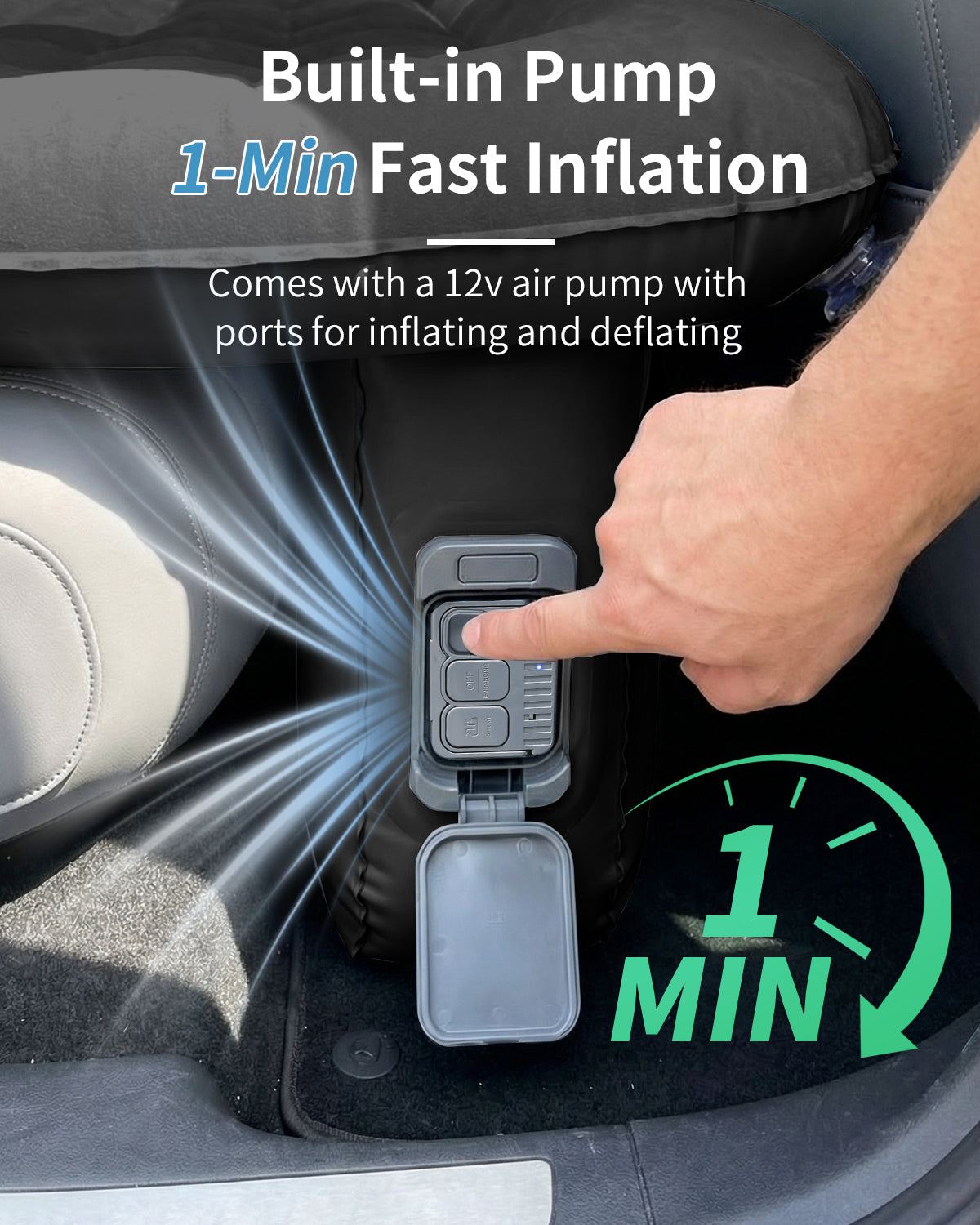 Umbrauto Back Seat Car Air Mattress with Built-in Rechargeable Pump: Cordless Inflatable Car Bed for Rear Seat Camping, 1-Click Fast Setup Thickened Flocking Sleeping Pad for Sedan, Truck &amp; SUV
