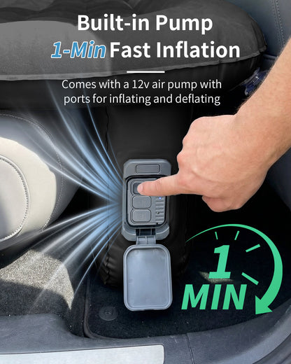 Umbrauto Back Seat Car Air Mattress with Built-in Rechargeable Pump: Cordless Inflatable Car Bed for Rear Seat Camping, 1-Click Fast Setup Thickened Flocking Sleeping Pad for Sedan, Truck &amp; SUV