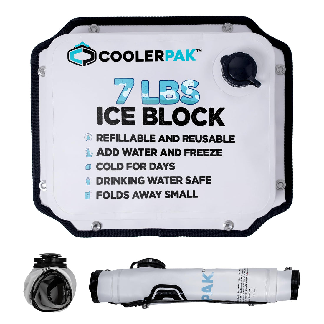 CoolerPak Ice Pack -Refillable Reusable  – Cold for Days – Non-Toxic, Leakproof, Potable Drinking Water Safe – Built Tough, Rolls Up for Storage