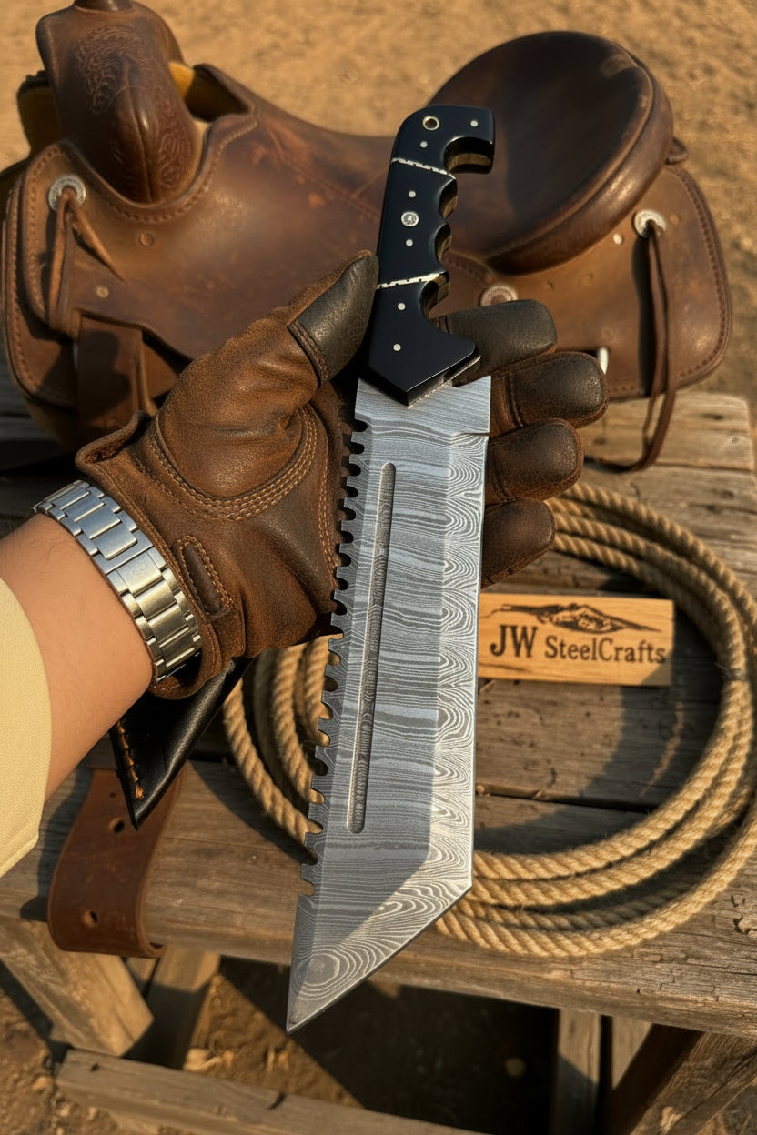 Handmade Damascus Tracker Knife 12” Sawback Blade Survival Knife Black resin Handle &amp; Sheath