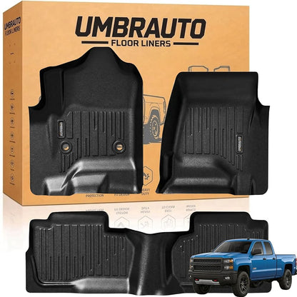 Umbrauto Custom Fit Floor Mats for Chevy Silverado/GMC Sierra Double Cab 1500 2014-2018, 2500HD/3500HD 2015-2019, All Weather TPE Truck Floor Liners for Carpet Floor, Front&amp;Rear Row, Footwell Coverage