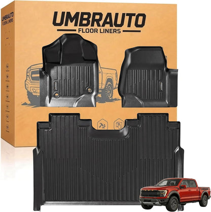 Umbrauto All Weather Floor Mats for Ford F150 SuperCrew 2015-2025 2026 &amp; Lightning 2022-2026, Custom Fit TPE Truck Floor Liners, Waterproof Heavy Duty Full Coverage, Rear w/o Fold Flat Storage
