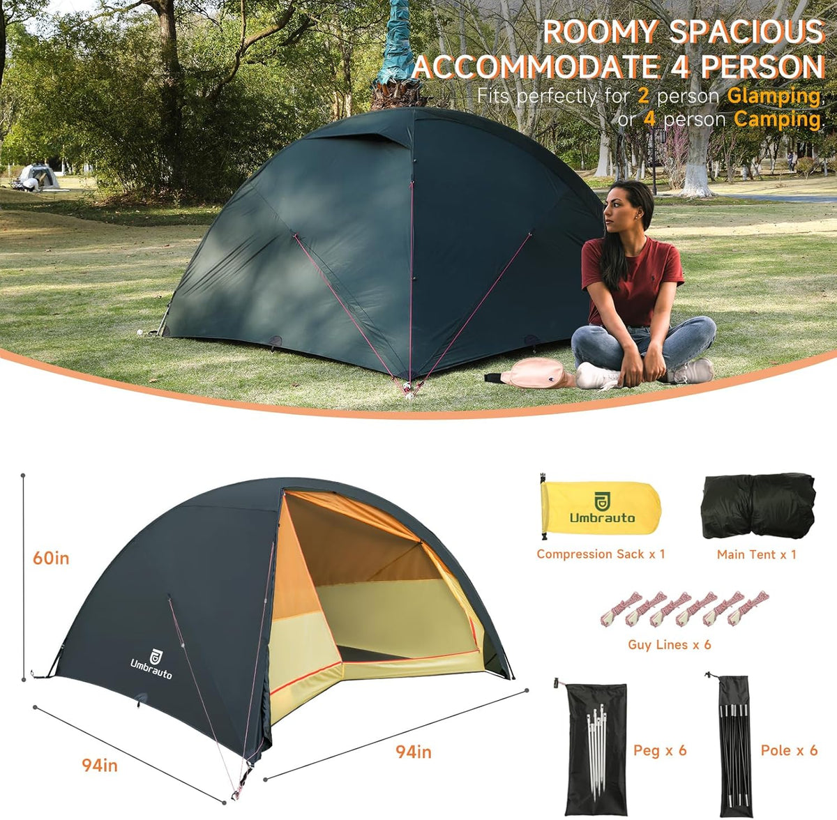 Umbrauto 4 Person Ultralight Camping Tent Waterproof 3-Season Dome Tent for Hiking, Backpacking &amp; Outdoor Adventure