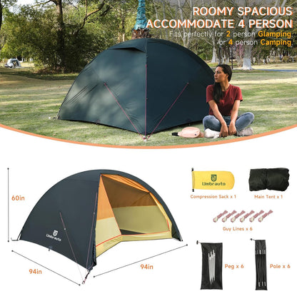 Umbrauto 4 Person Ultralight Camping Tent Waterproof 3-Season Dome Tent for Hiking, Backpacking &amp; Outdoor Adventure