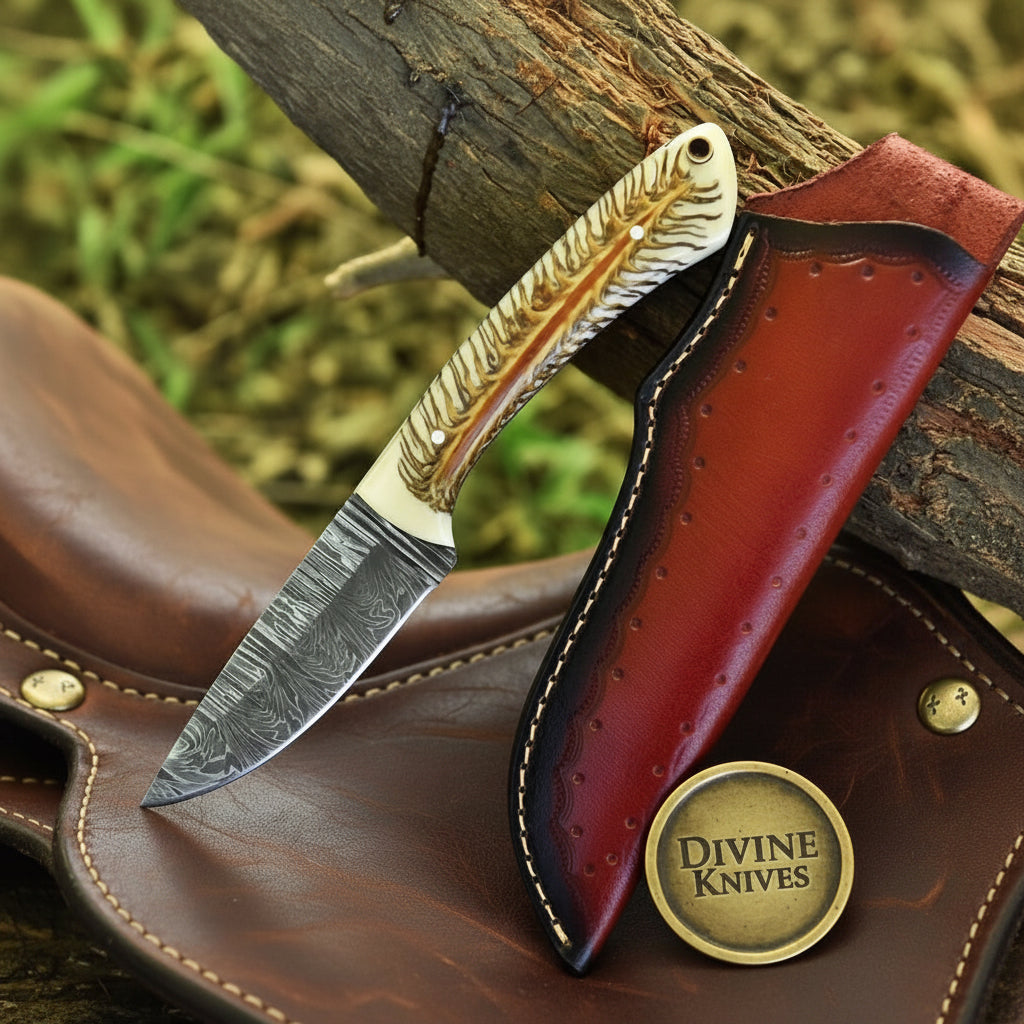 Western White Pinecone Cowboy Knife with Leather Sheath