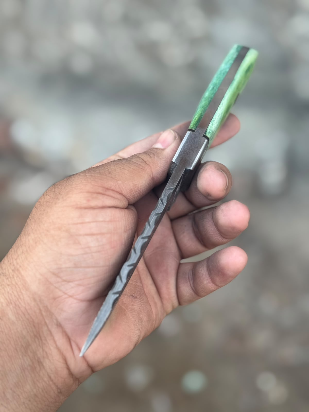 Green Damascus Drop Point Hunter with Mosaic Ricasso Pattern