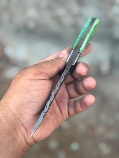 Green Damascus Drop Point Hunter with Mosaic Ricasso Pattern